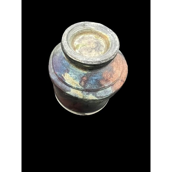 Handmade Small Colorful RAKU Vase Pot with Base 4 x 3.5 in Weighs 1/2 lb - Picture 5 of 5